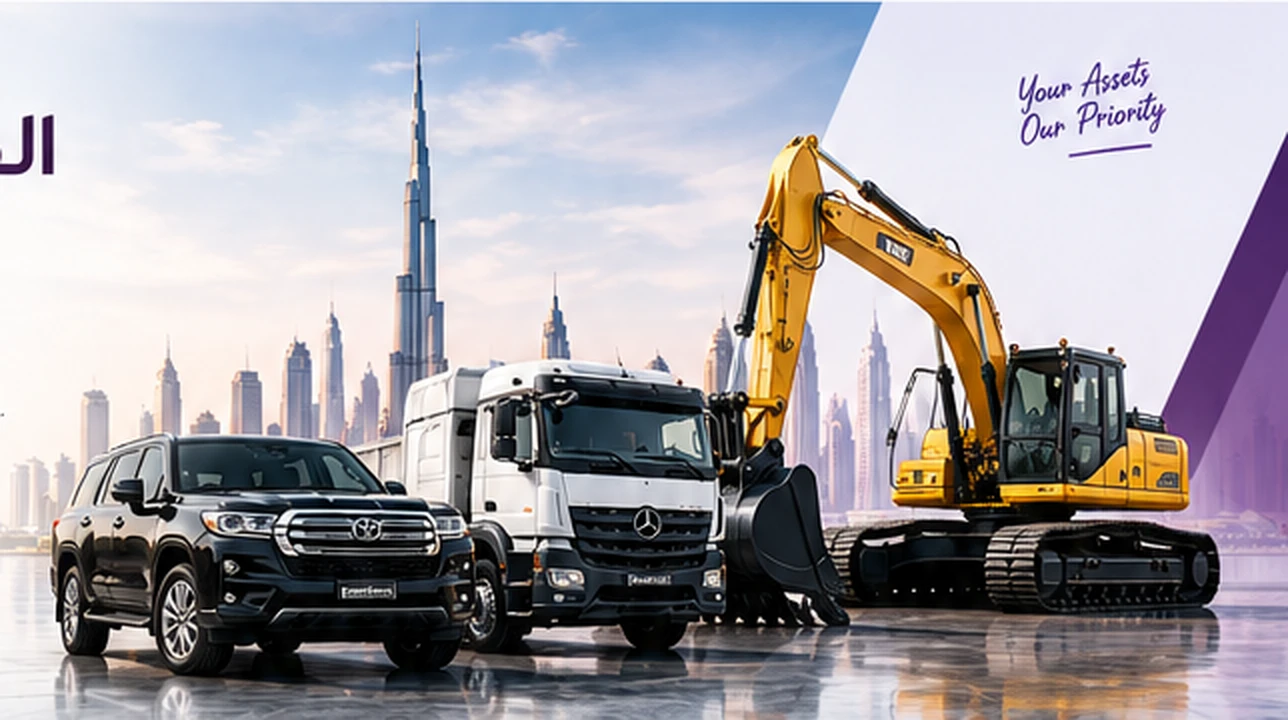 Black SUV, white truck and yellow excavator in front of the Dubai skyline